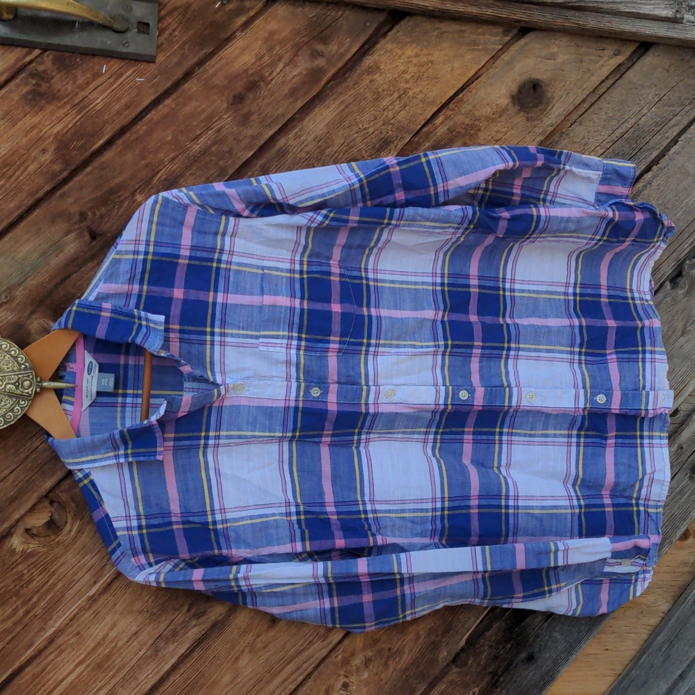 Old Navy pink & blue plaid cotton button up shirt XXL